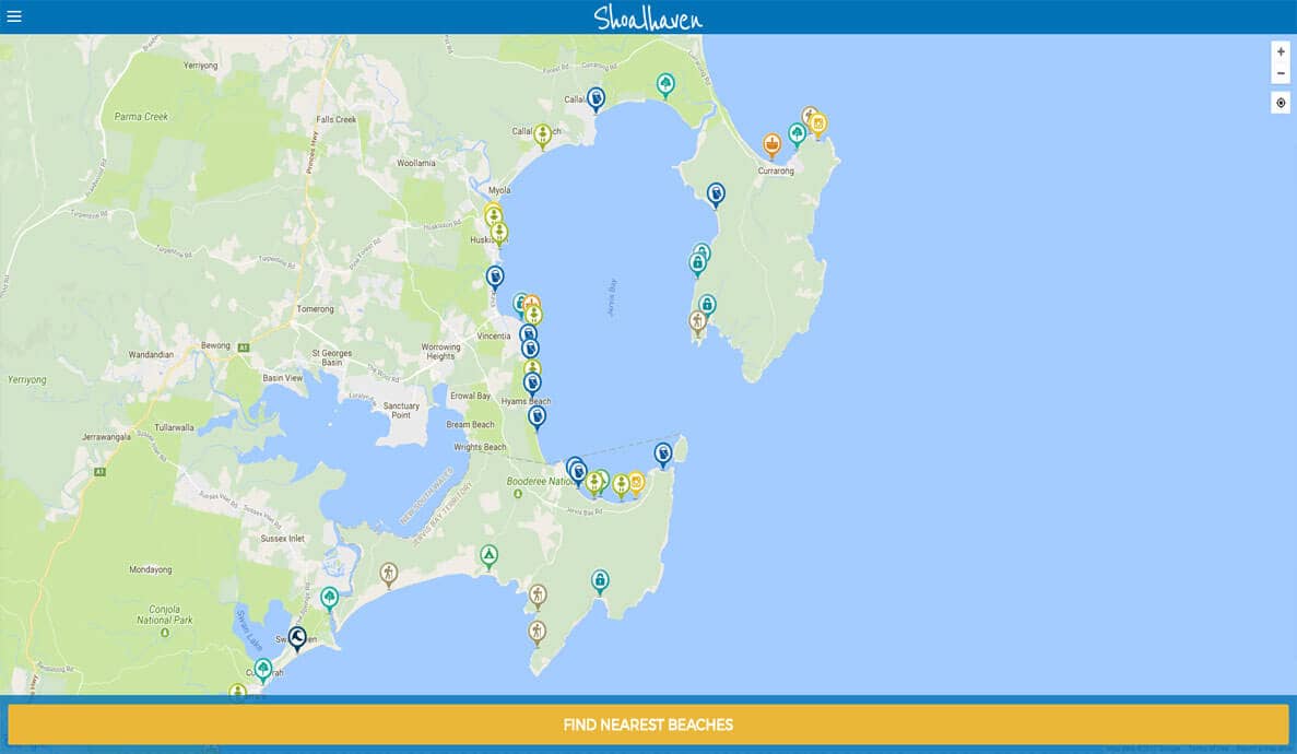 Map of Shoalhaven area showing beaches, parks, and landmarks along the coastline.