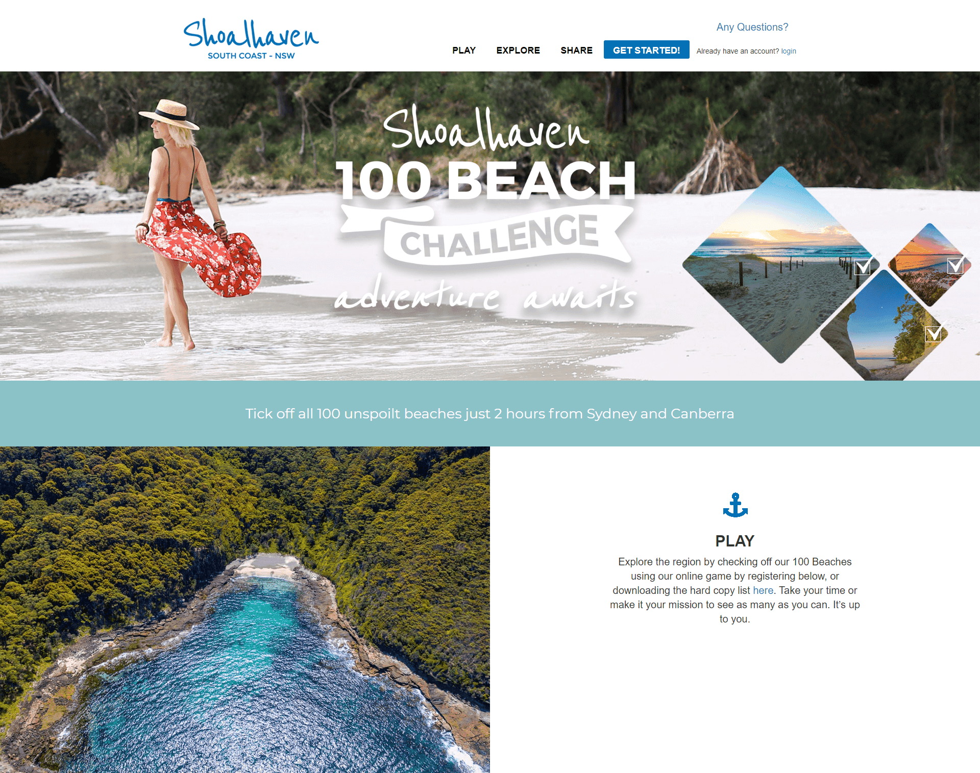 Woman in a red floral dress on a beach with text "Shoalhaven 100 Beach Challenge adventure awaits."