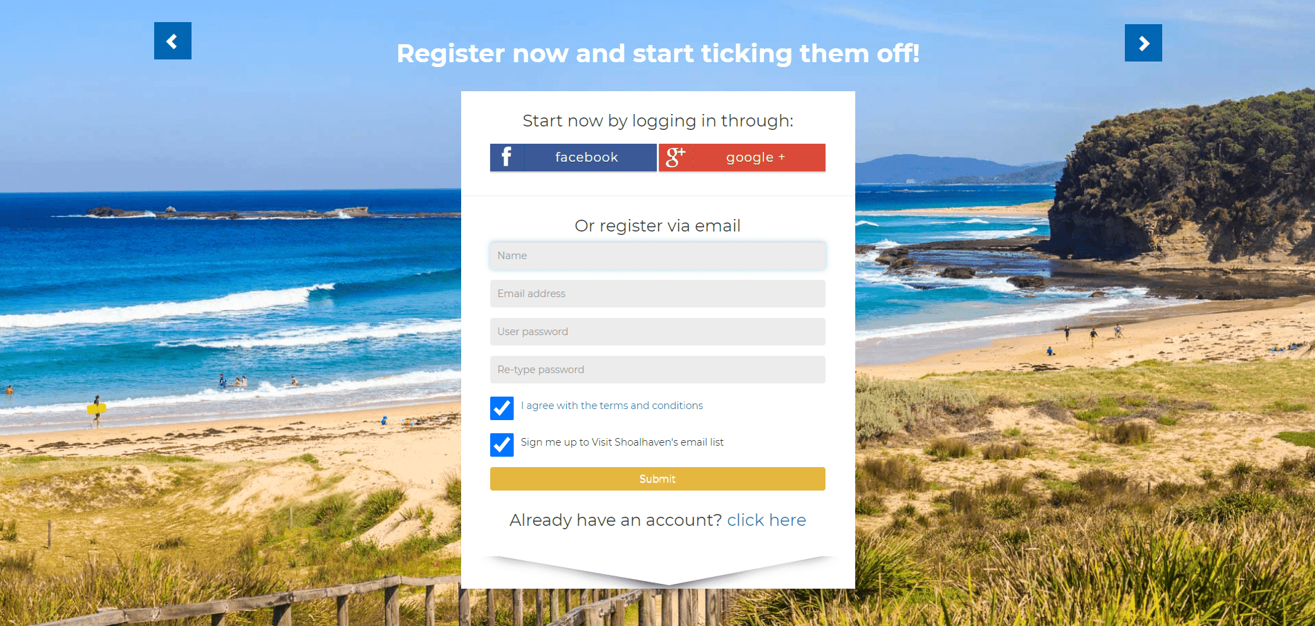 Registration form overlay on a sunny beach with blue ocean waves and grassy dunes.