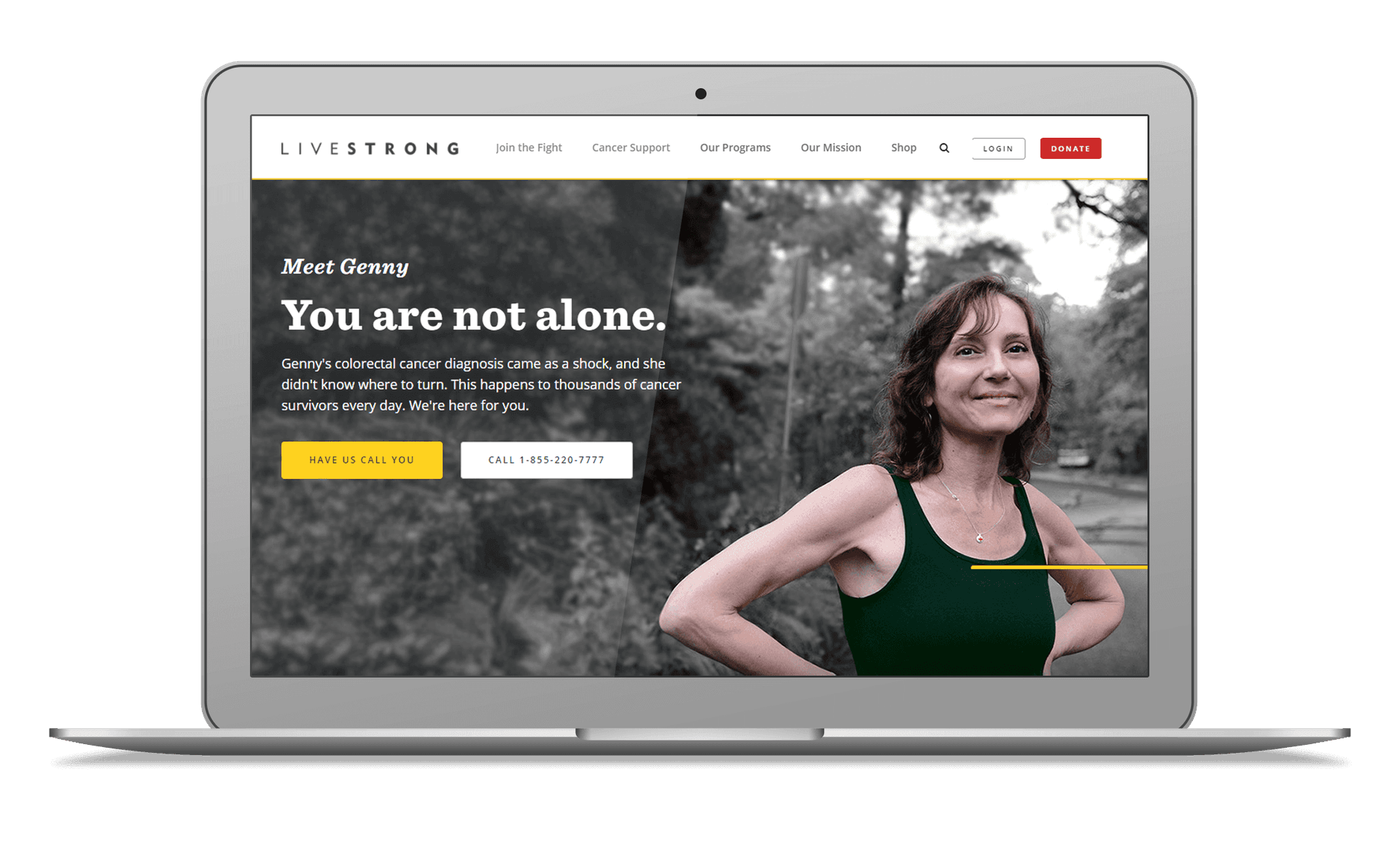 Website homepage on a laptop showing a woman named Genny with cancer support message, contact buttons, and navigation menu.