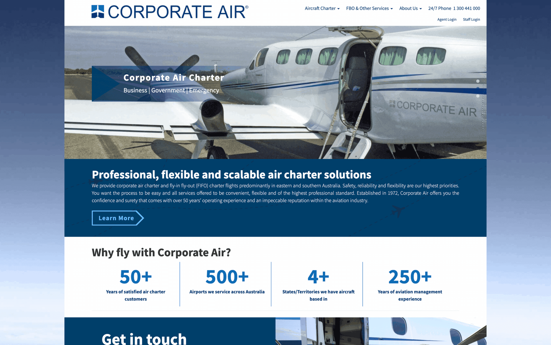 Corporate Air website showing a small white private aircraft with open door on the runway.