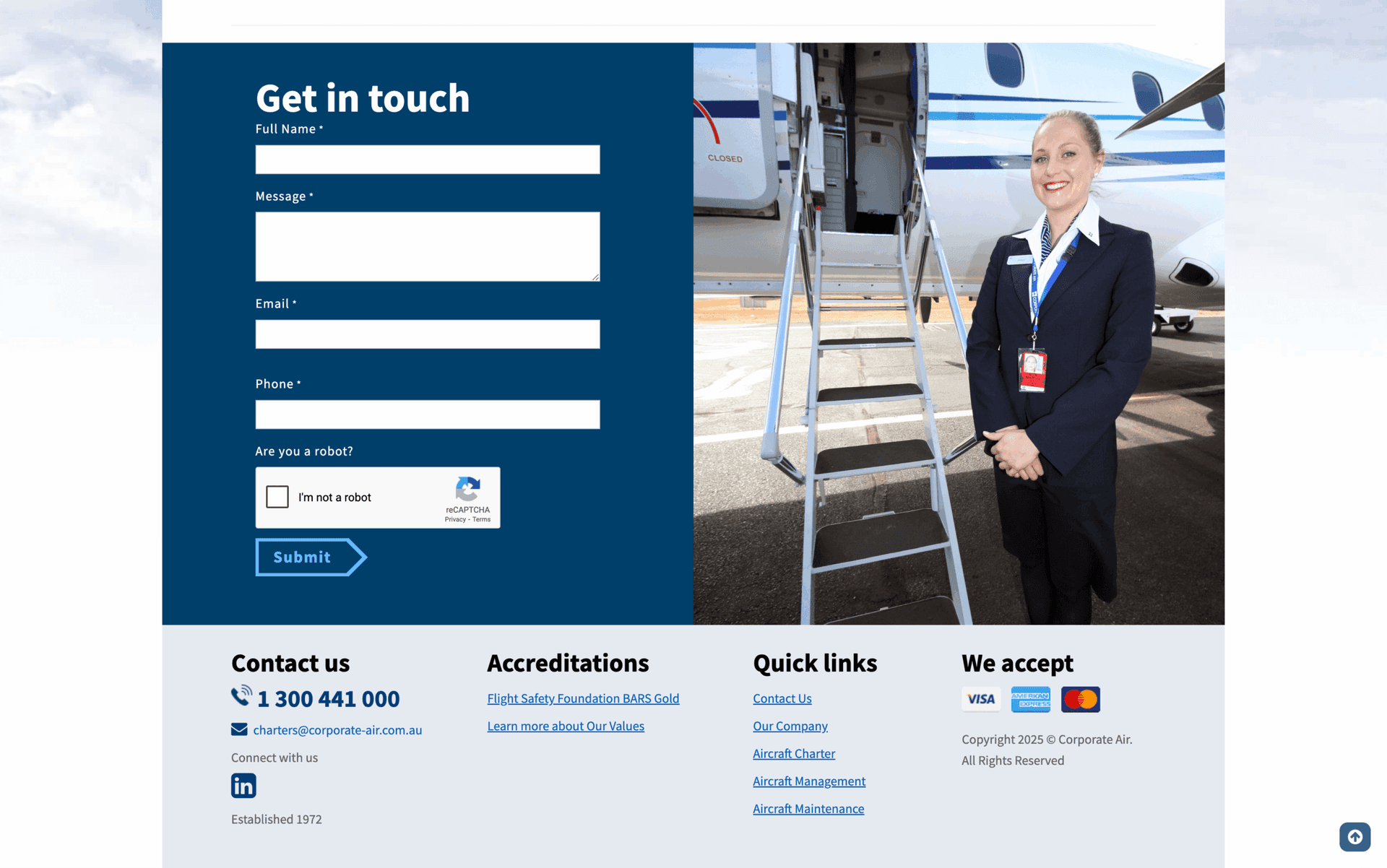 Contact form on left; female flight attendant smiling by aircraft stairs on right.
