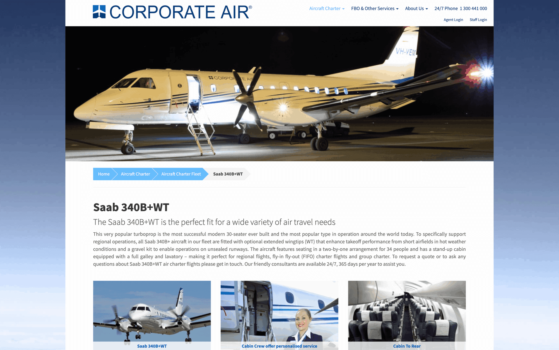 White Saab 340B+WT turboprop aircraft with open door and stairs on a night tarmac.
