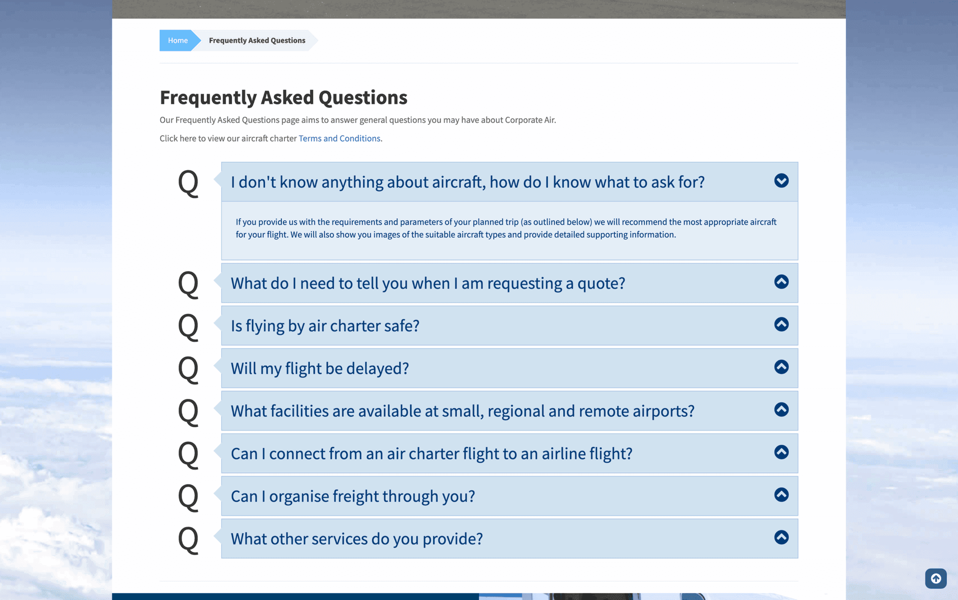 FAQ page with questions and answers about air charter services and flight information.
