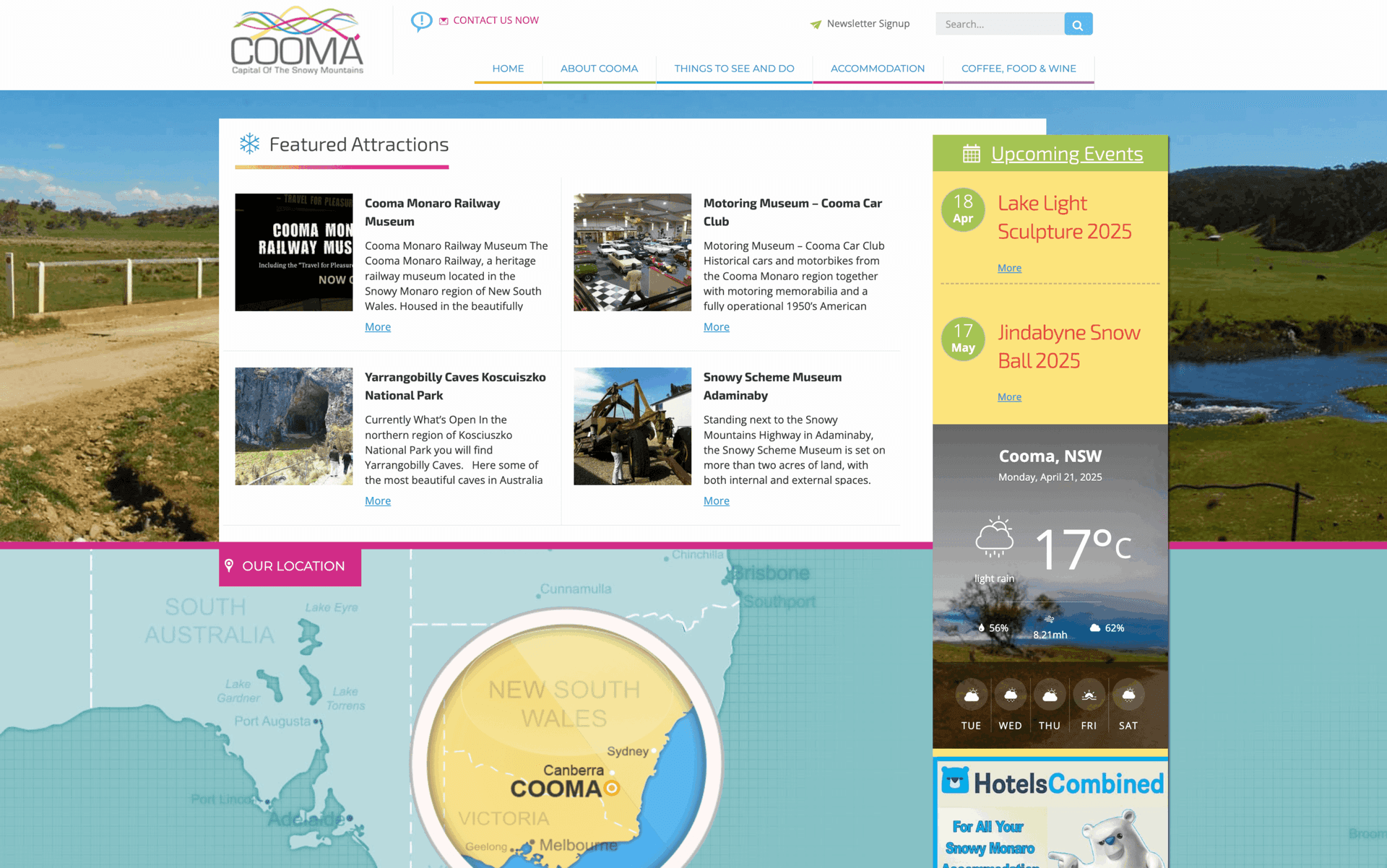 Website screenshot showing Cooma town information, attractions, upcoming events, and weather forecast.