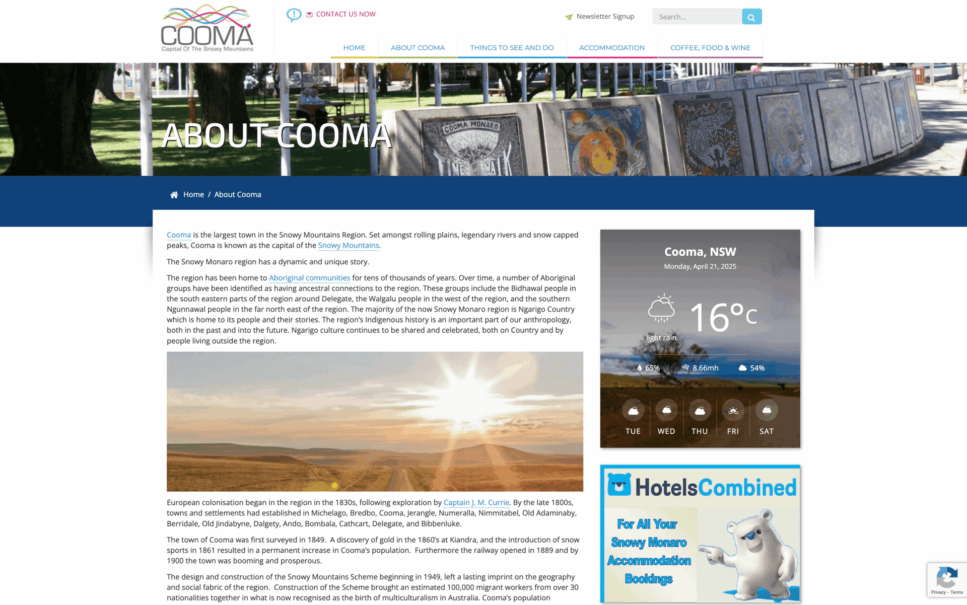 Website page about Cooma, featuring text, a sunset landscape, and a weather forecast widget for Cooma, NSW.