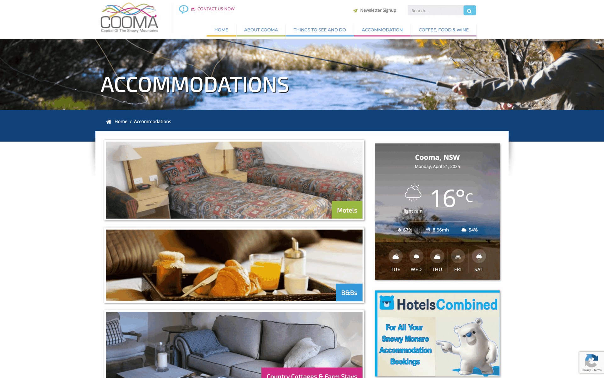 Website accommodation page for Cooma, NSW featuring motel beds, breakfast tray, cozy living room, and weather forecast.