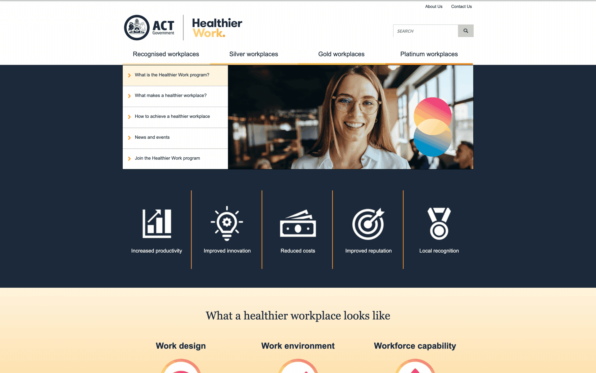 Website page of ACT Government's Healthier Work program showing benefits and workplace categories.