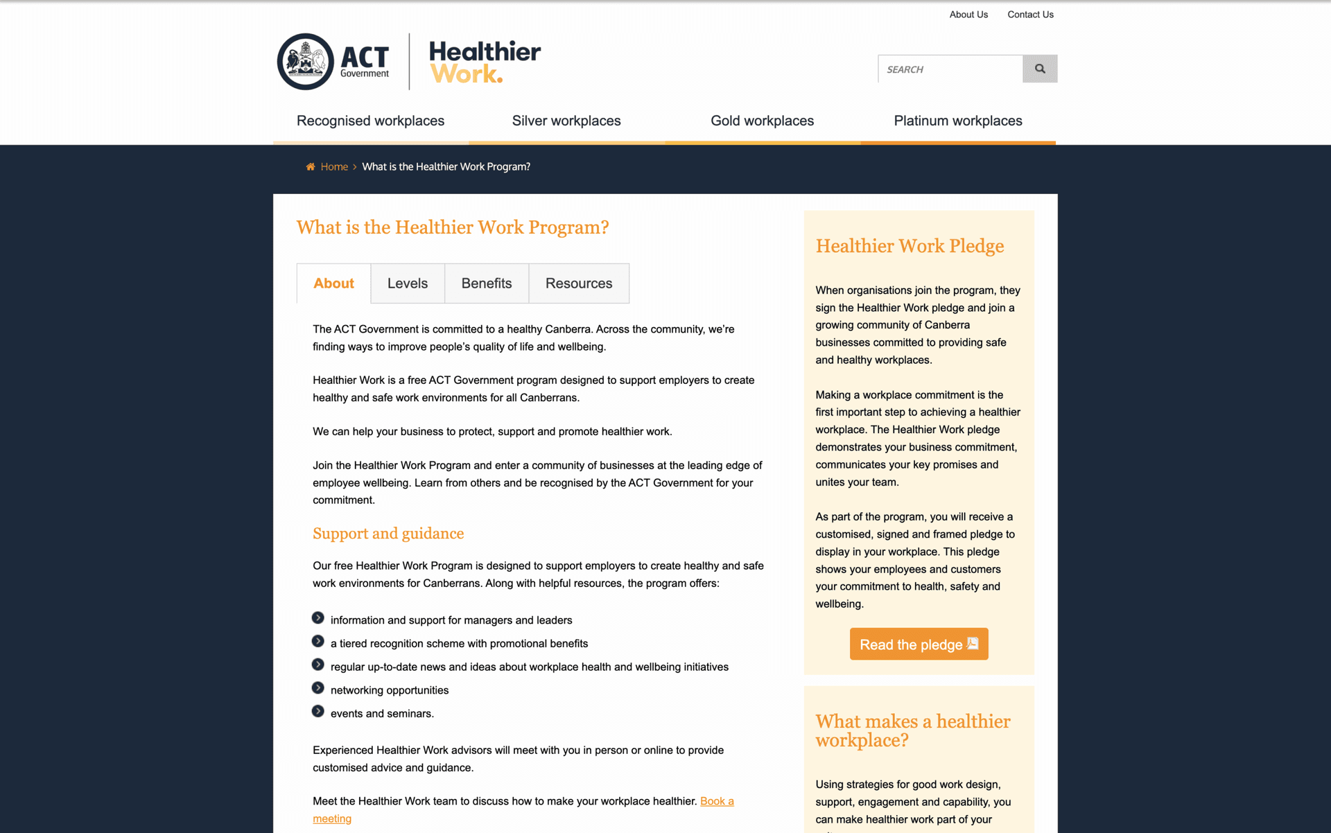 Webpage of ACT Government's Healthier Work Program with details on support and workplace health.