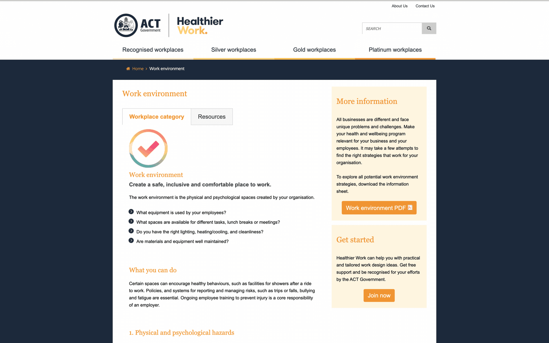 Website page from ACT Government about creating a safe, inclusive, and comfortable work environment.