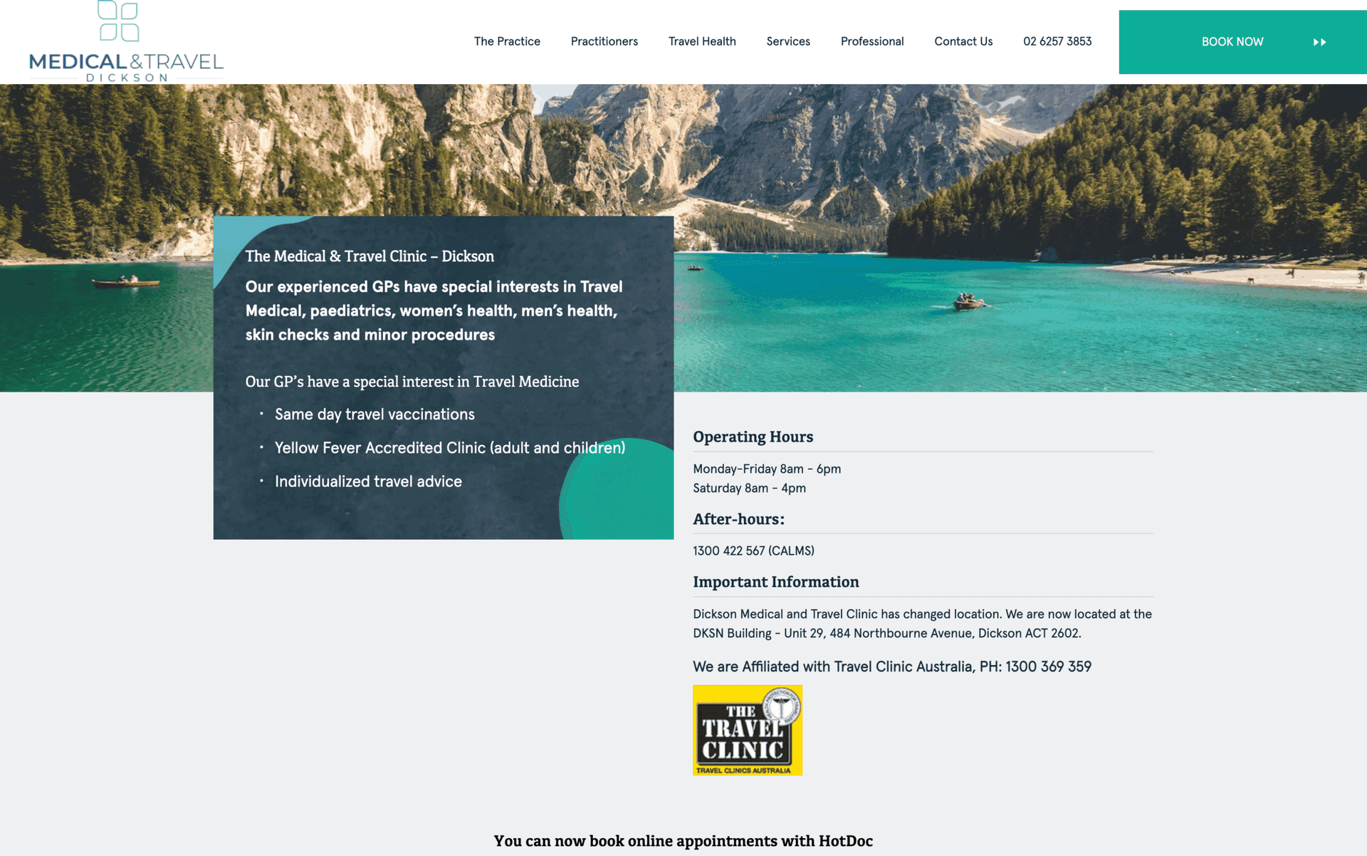 Website screenshot of Medical & Travel Dickson clinic with services, operating hours, and booking info.