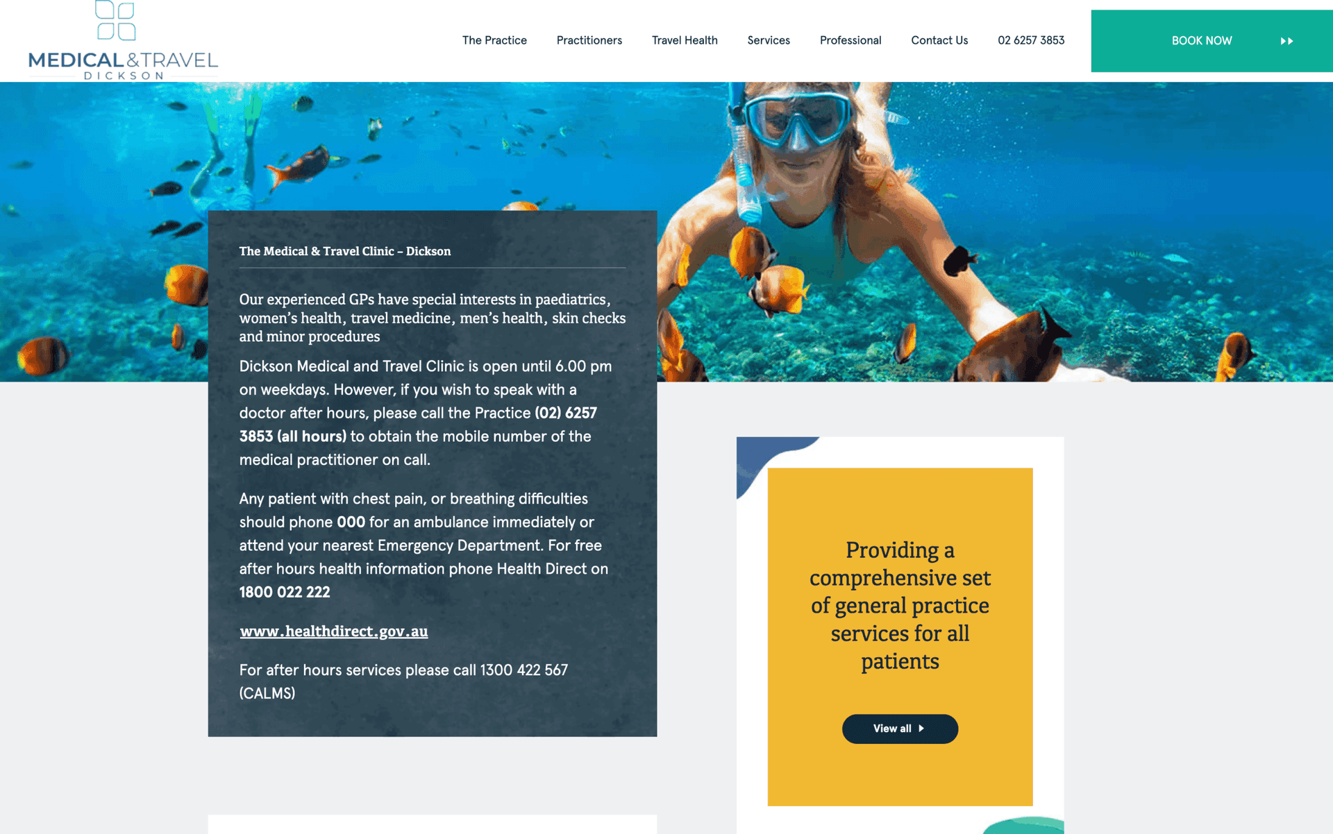 Woman snorkeling underwater surrounded by colorful fish, with medical clinic information overlay.