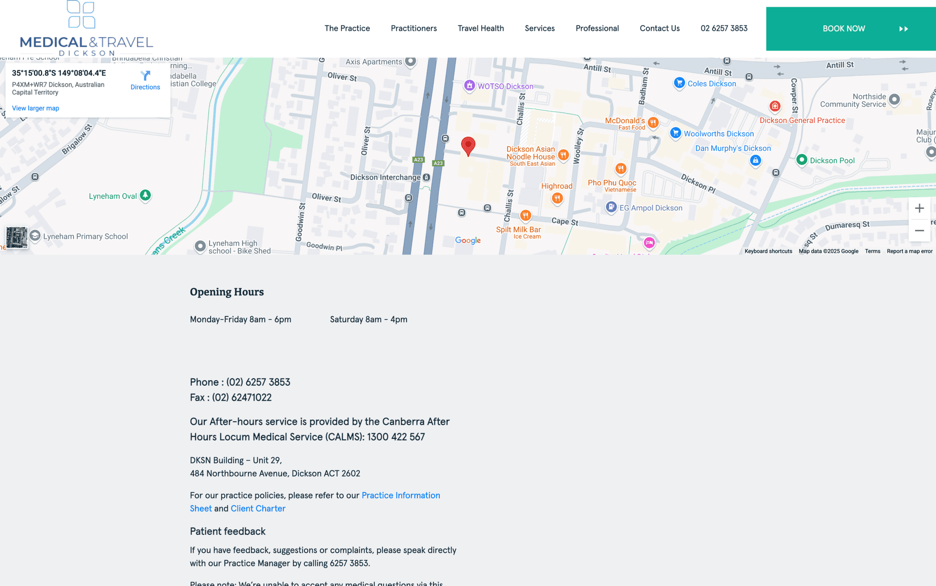 Map showing Medical & Travel Dickson location with opening hours and contact details below.