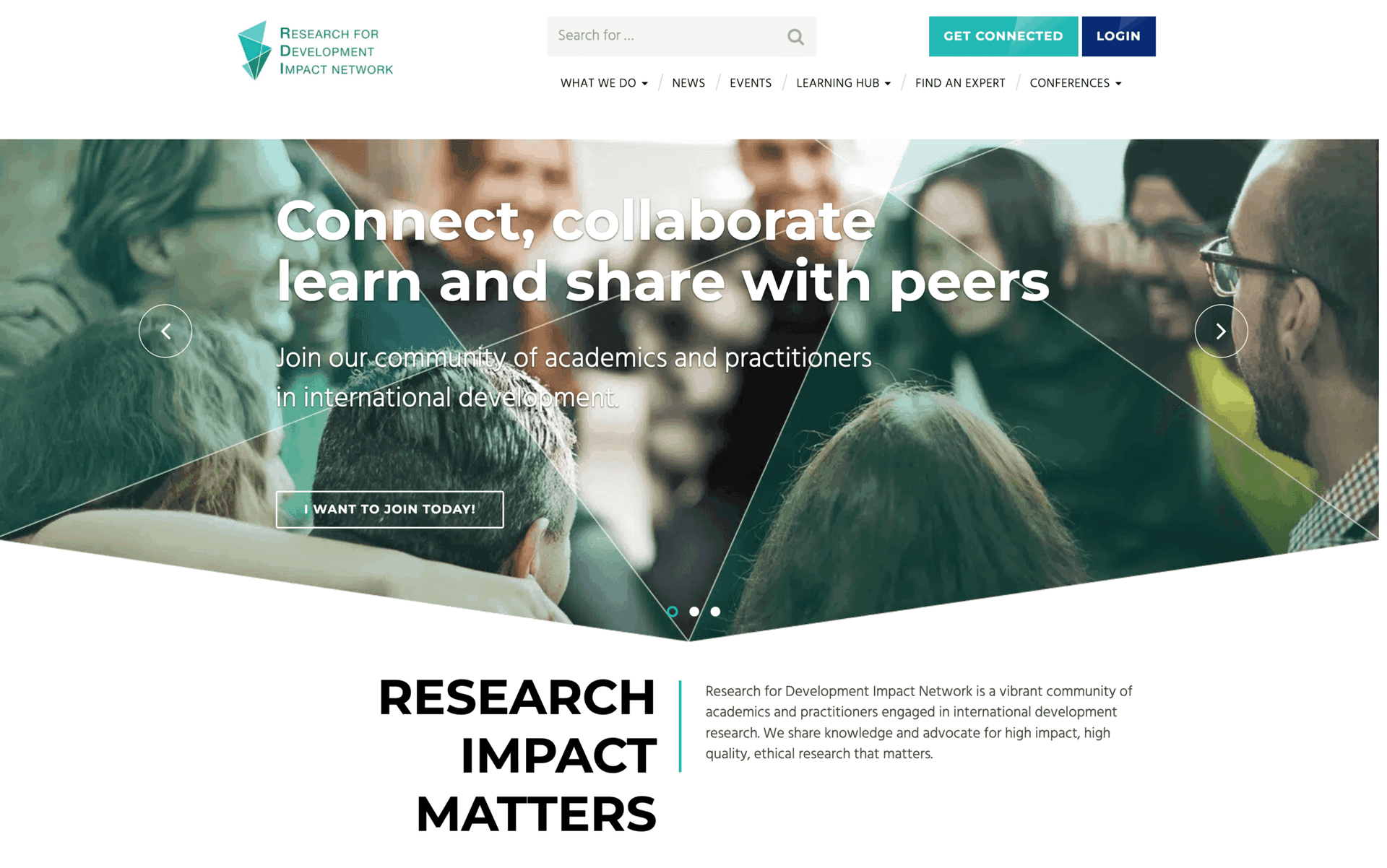 Homepage of Research for Development Impact Network showing community collaboration and research focus.
