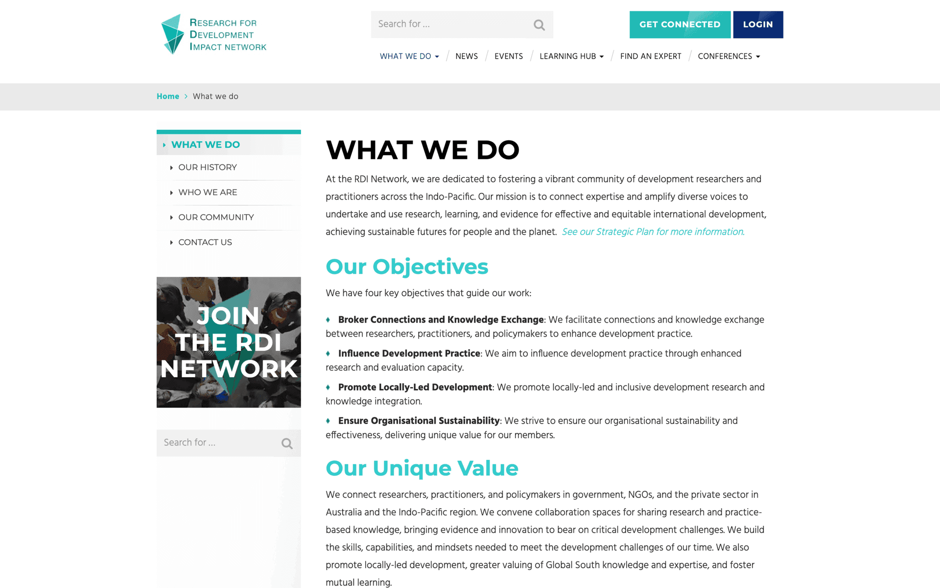 Website page from Research for Development Impact Network detailing their mission, objectives, and value.