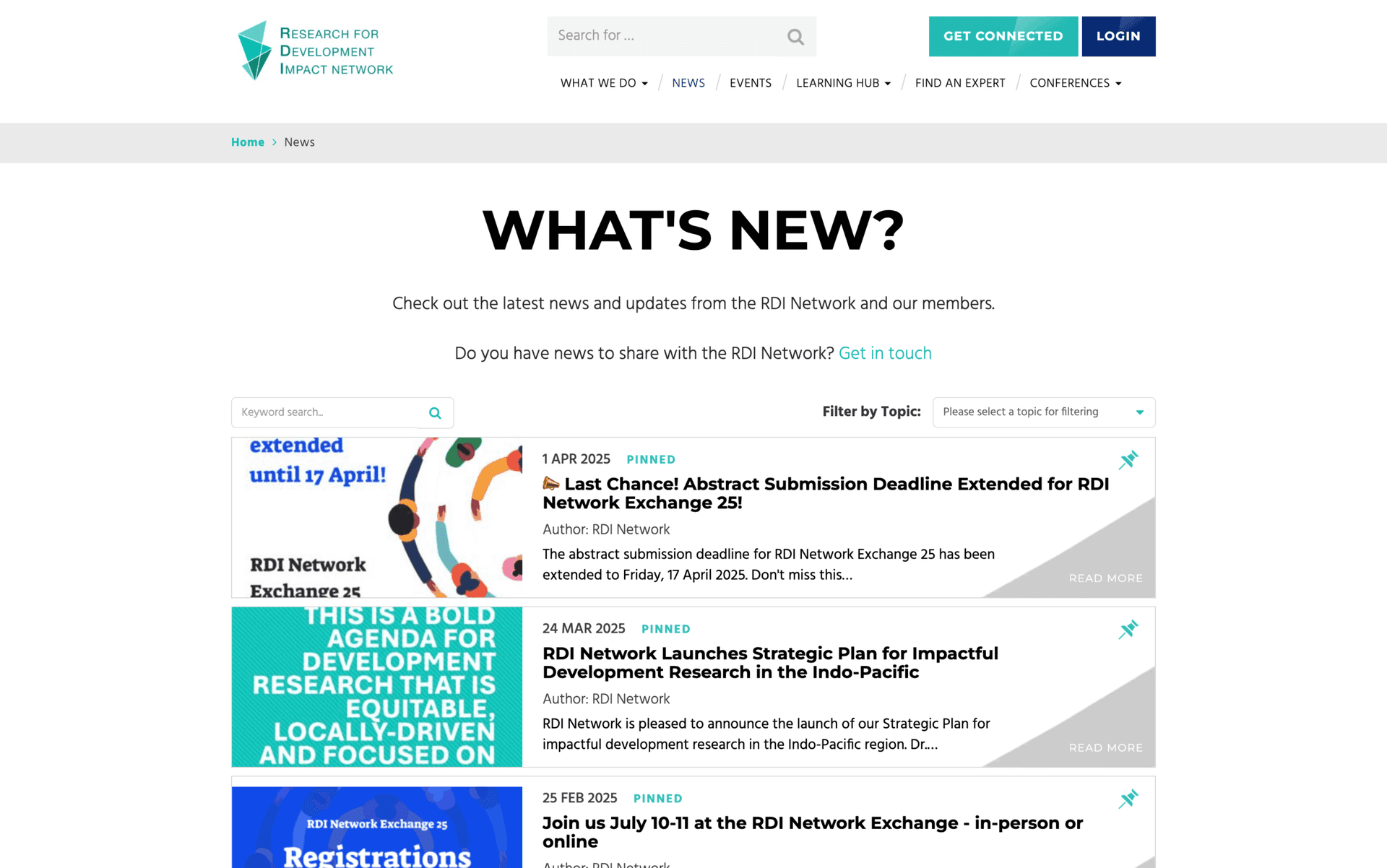 Website news page of Research for Development Impact Network showing pinned updates and event announcements.