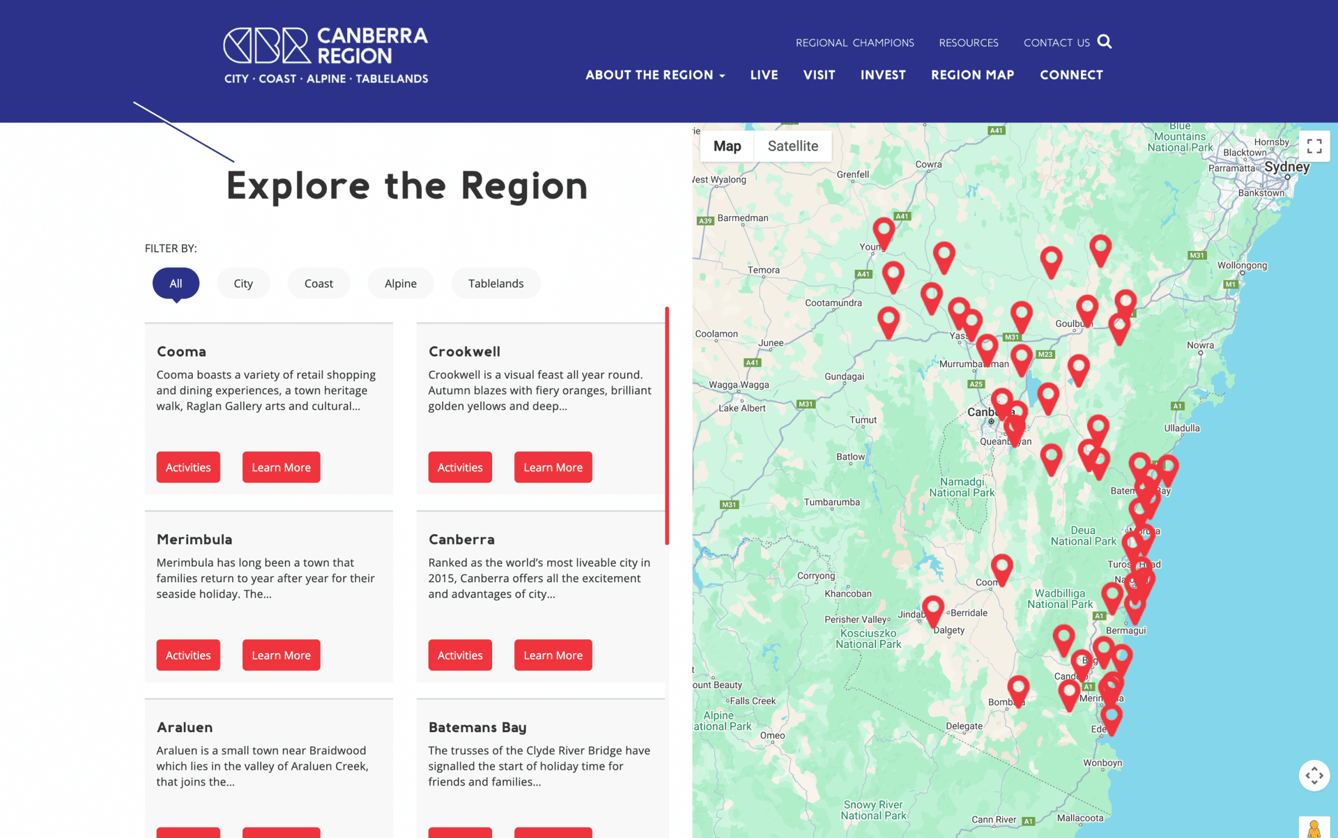 Map and list of towns in the Canberra Region with descriptions and options to learn more or view activities.