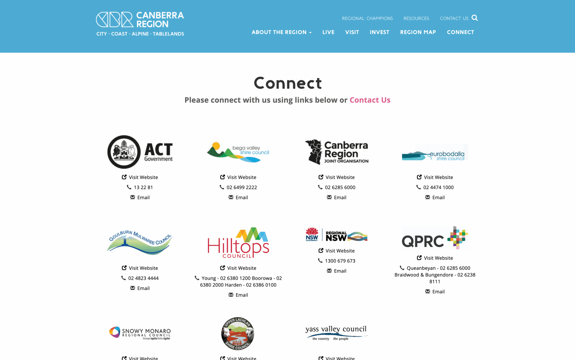 Contact information and website links for Canberra Region councils and organizations.