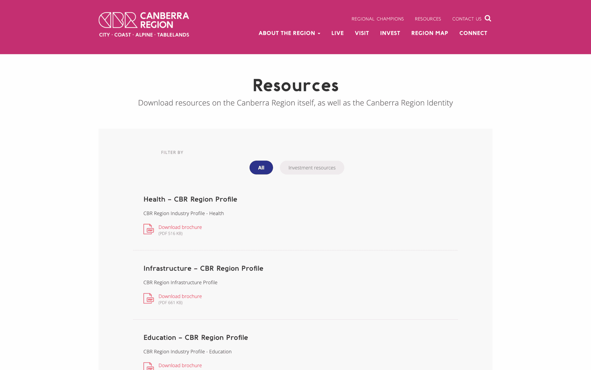 Resource download page for Canberra Region profiles on health, infrastructure, and education brochures.