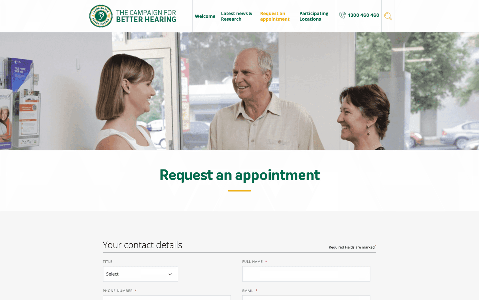 Website form page for requesting a hearing appointment with smiling people in the header image.