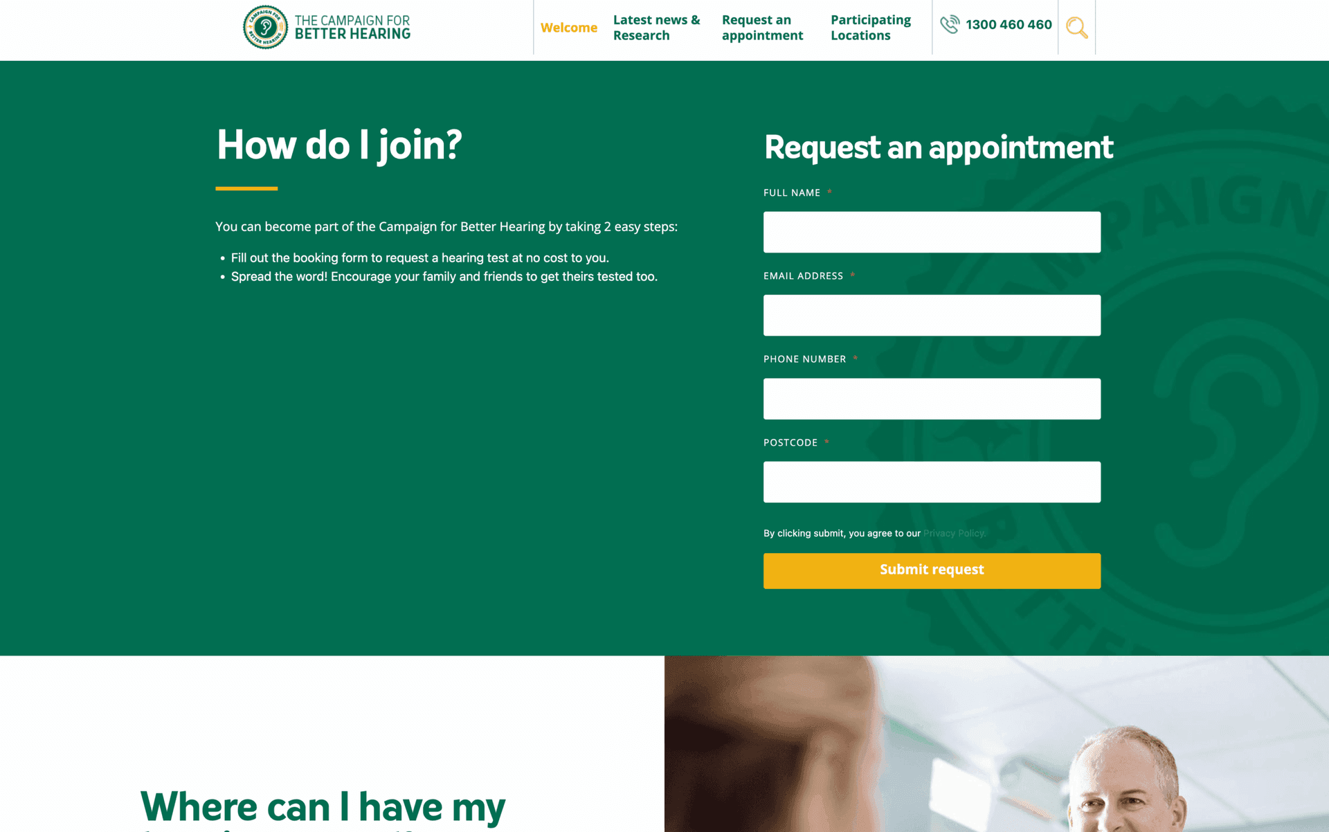 Website form to join Campaign for Better Hearing and request a free hearing test appointment.