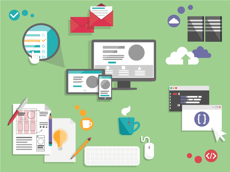 Workspace flat lay with devices, coding windows, checklist, coffee cups, and design sketches on a green background.