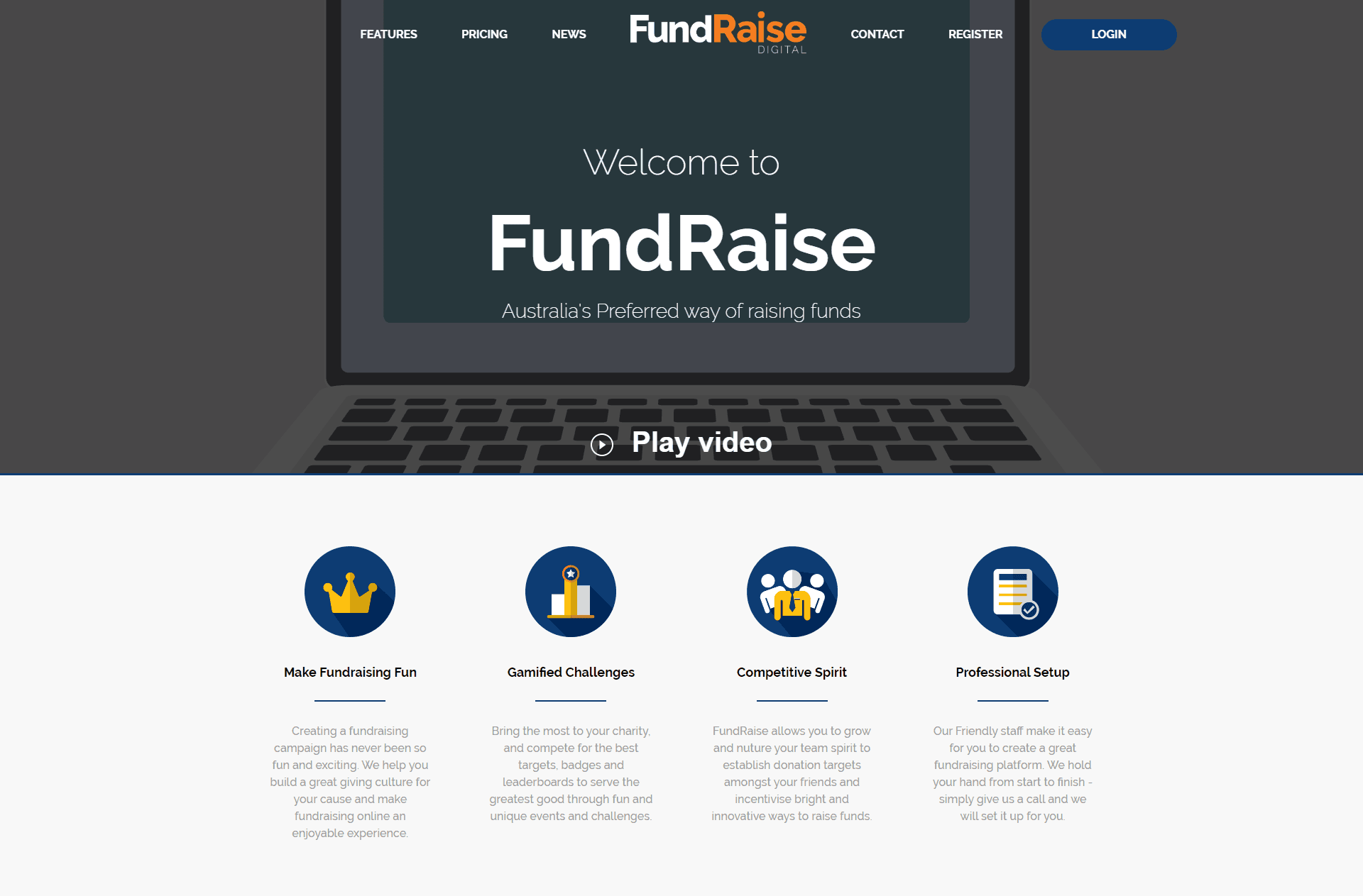 Website homepage of FundRaise Digital showing fundraising features and a laptop screen with login button.
