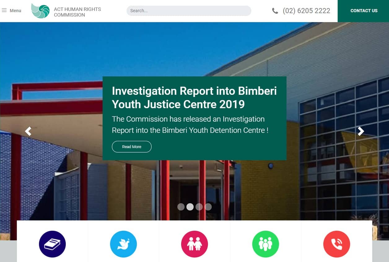 Homepage of ACT Human Rights Commission featuring a report on Bimberi Youth Justice Centre 2019.