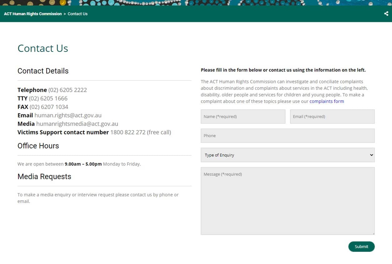 Contact page of ACT Human Rights Commission with phone, email, office hours, and contact form details.