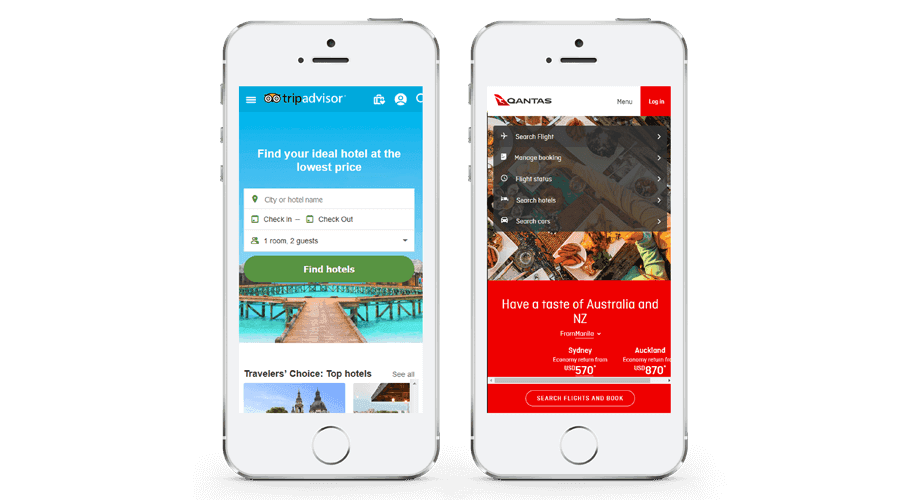 Two smartphones displaying TripAdvisor hotel booking and Qantas flight booking mobile apps on their screens.