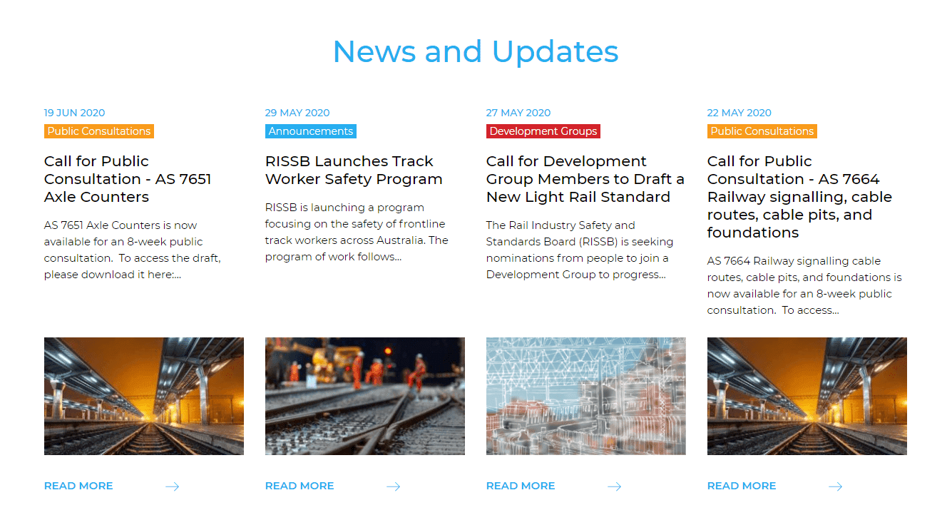 News and Updates webpage showing public consultations, announcements, and development groups with railway images.