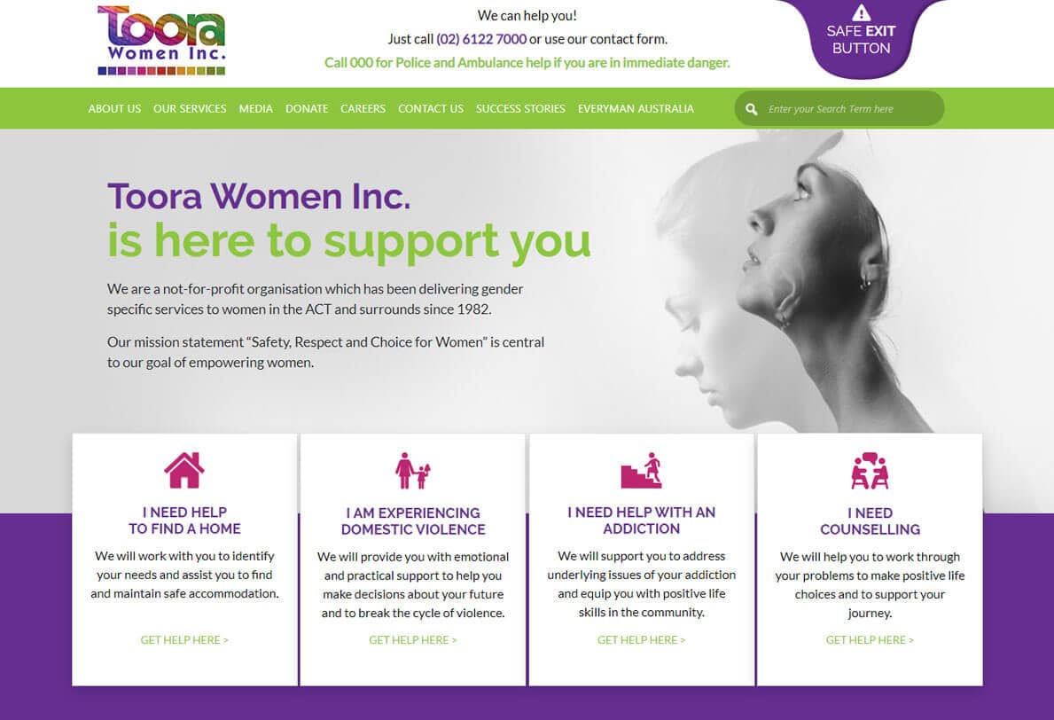 Screenshot of Toora Women Inc. website offering support for housing, domestic violence, addiction, and counseling.