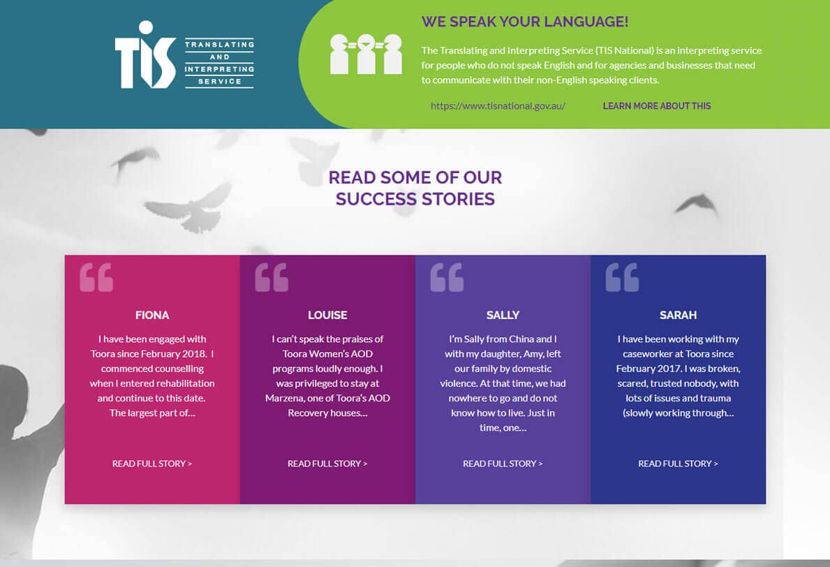 Testimonial cards from Toora featuring client success stories on a white background with flying birds.