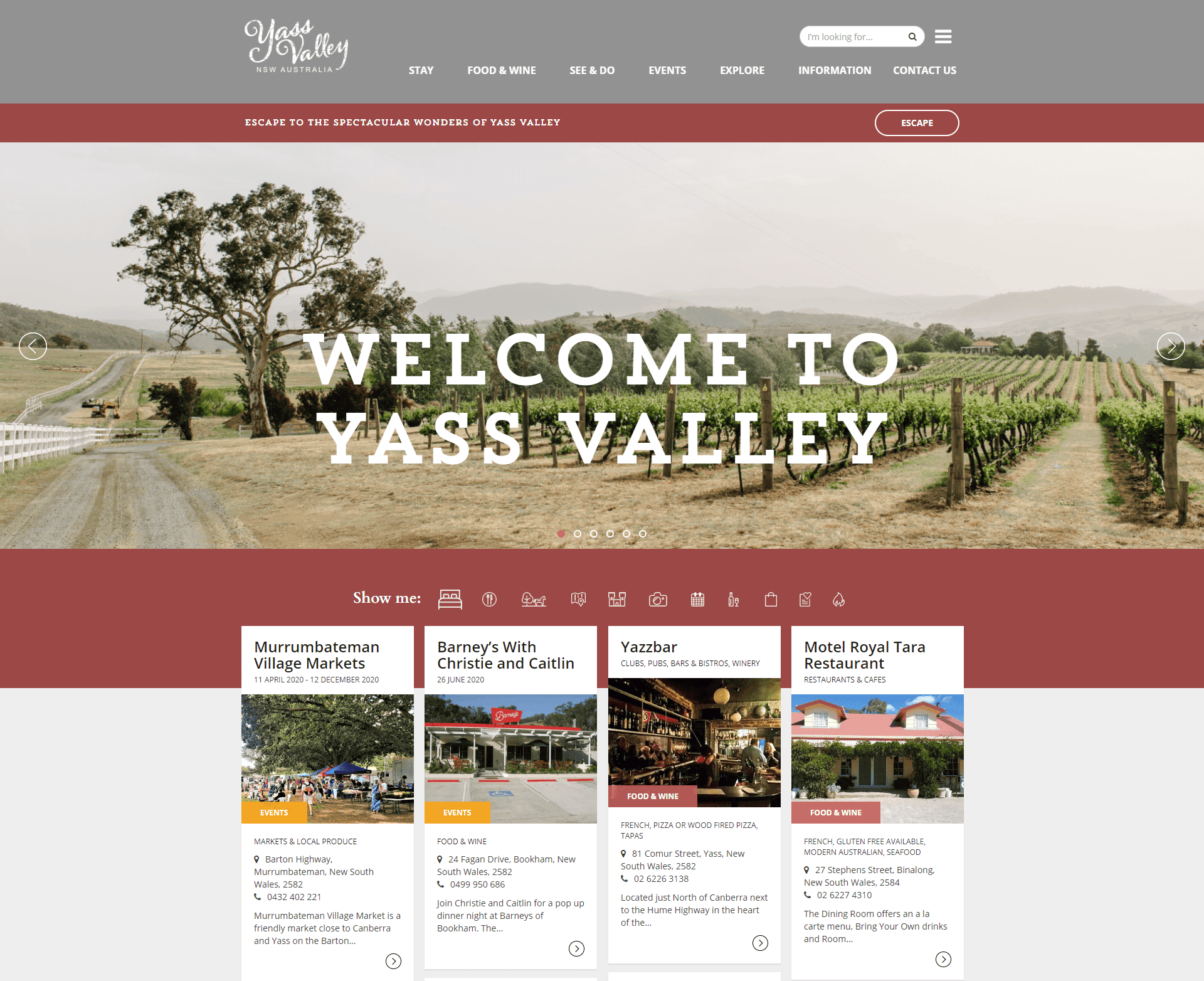 Scenic vineyard and rural road landscape with overlay text "Welcome to Yass Valley" on tourism website.