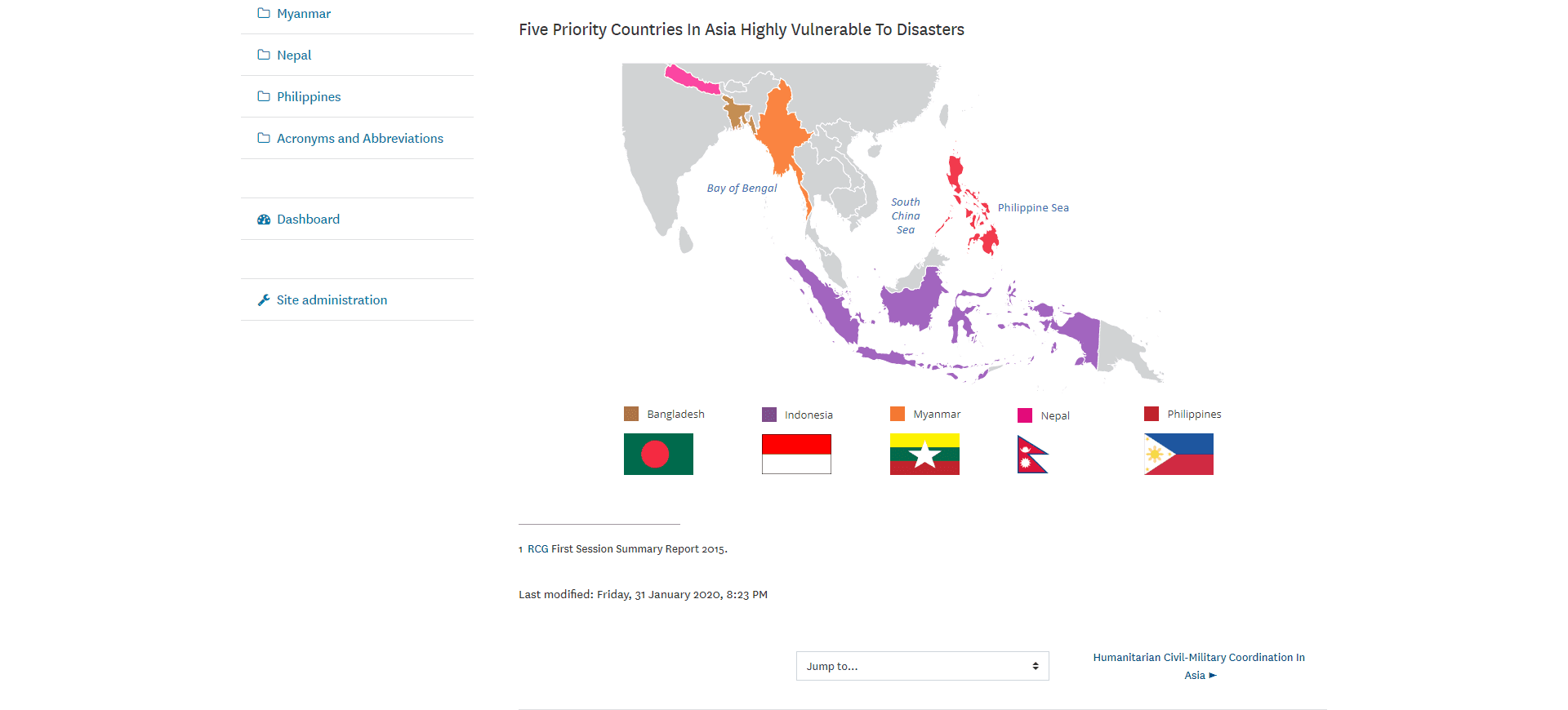 Map highlighting five Asian countries highly vulnerable to disasters: Bangladesh, Indonesia, Myanmar, Nepal, Philippines.