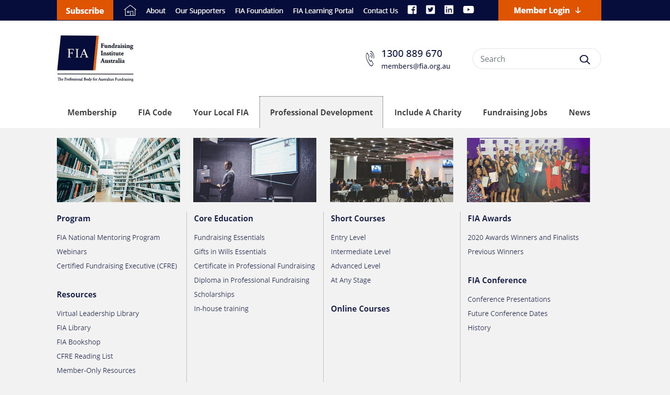 Website menu showing Professional Development options on the Fundraising Institute Australia page.
