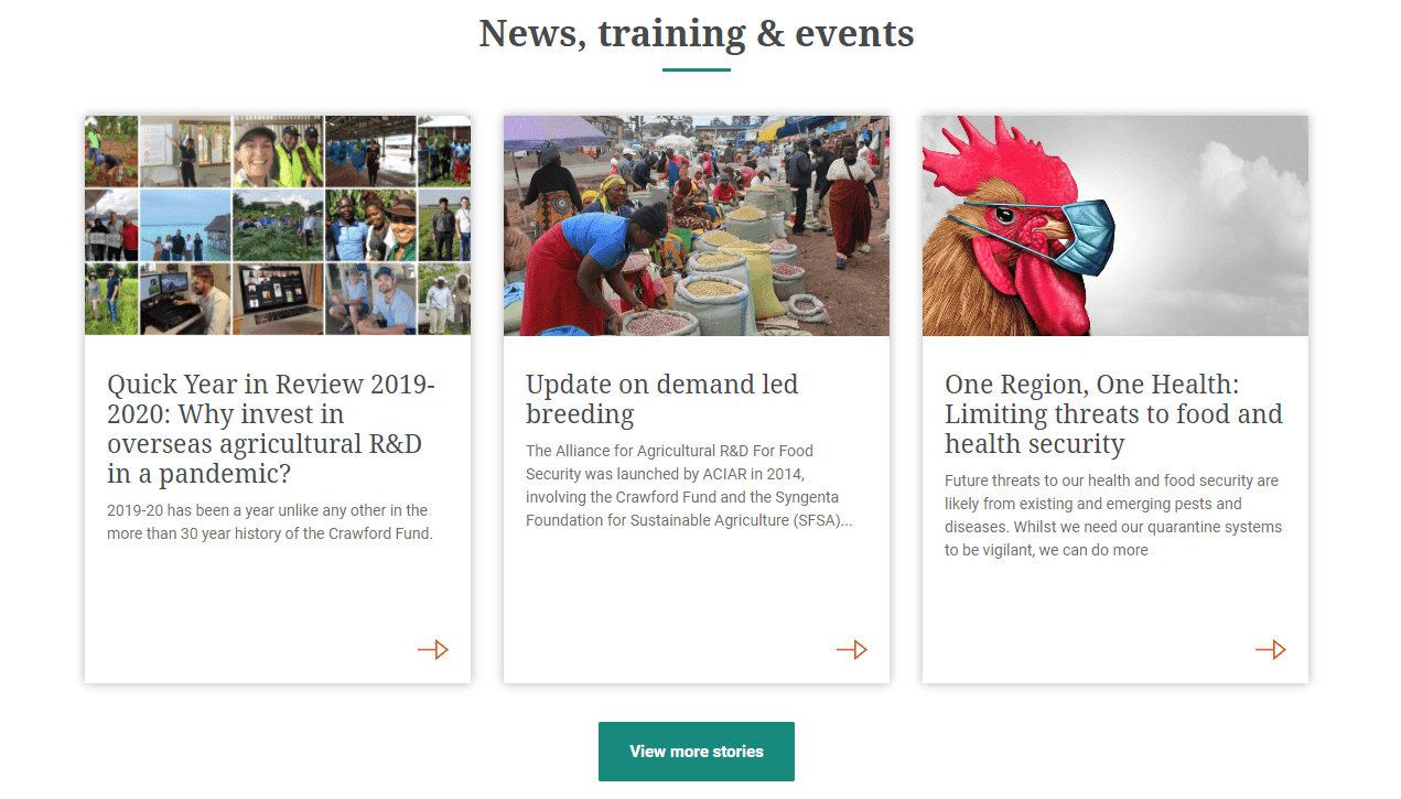 News section showing three articles on agriculture R&D, demand-led breeding, and health threats to food security.