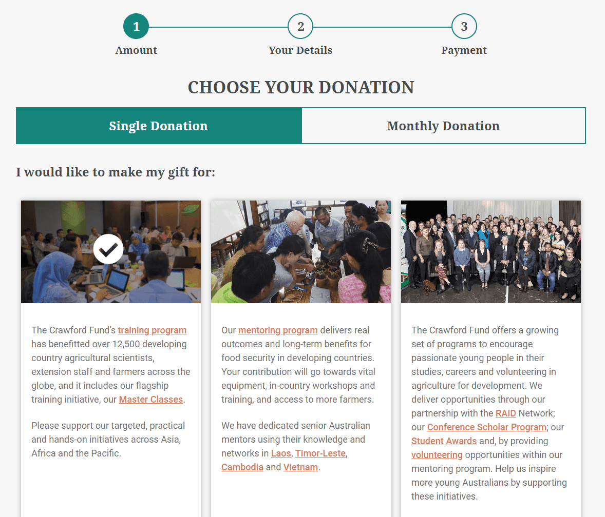 Donation page showing options for single or monthly giving to training, mentoring, or youth agriculture programs.