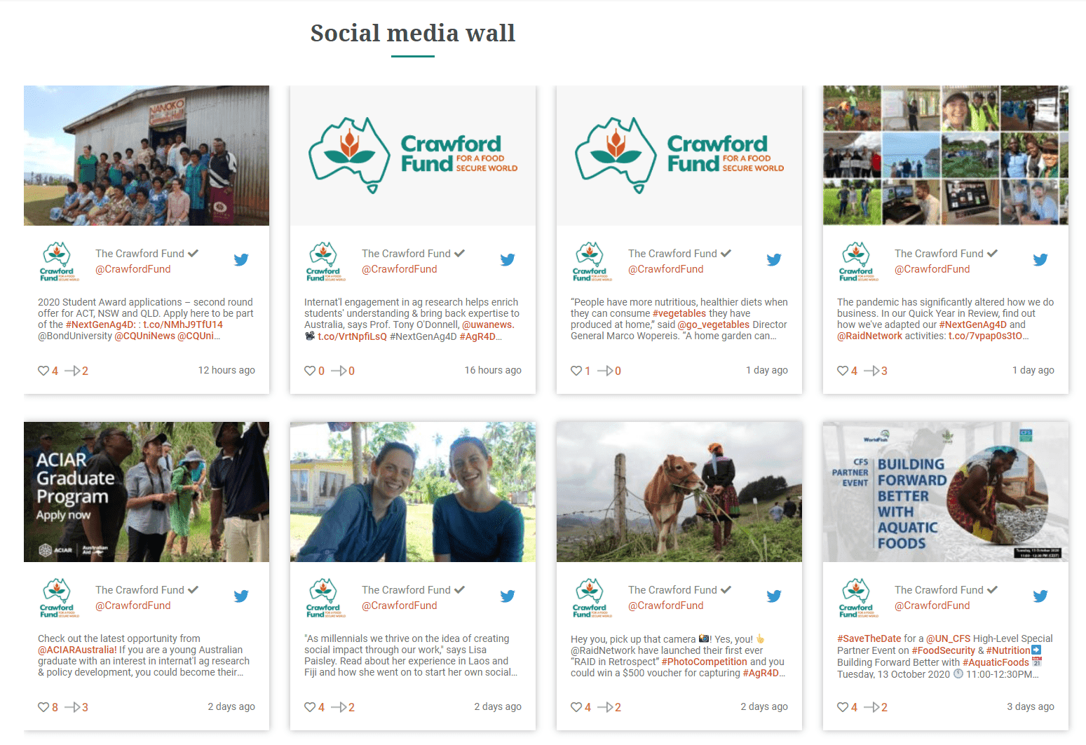 Social media wall displaying tweets and images related to The Crawford Fund activities and programs.
