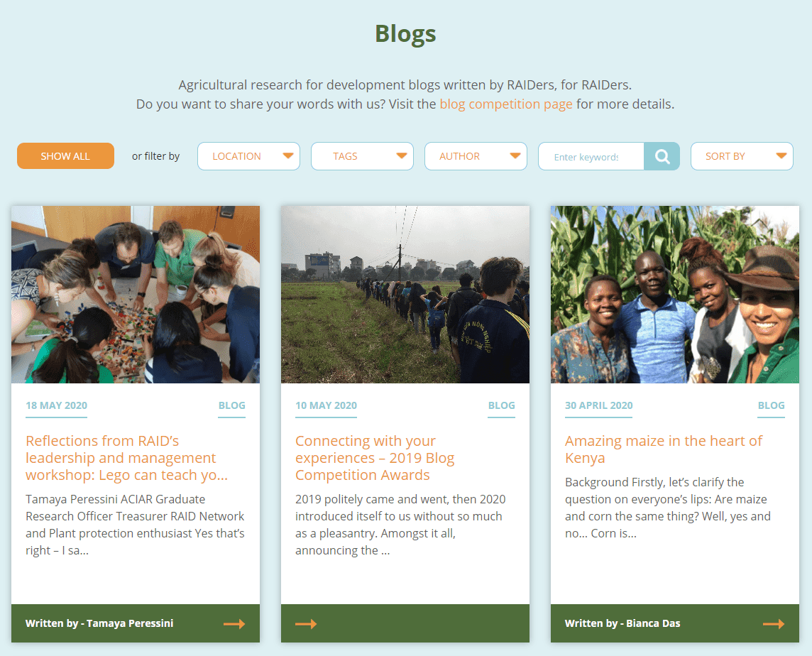 Alt text: Blog page showing agricultural research posts with filters and images of people in workshops and fields.
