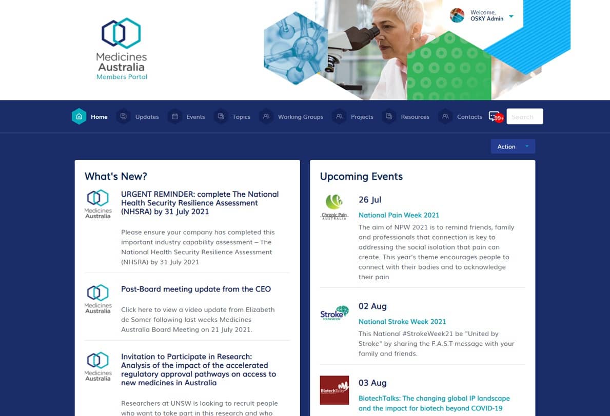 Dashboard of Medicines Australia Members Portal showing updates, reminders, and upcoming health events.