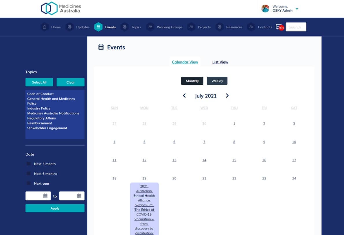 Online calendar showing July 2021 events on Medicines Australia website with topic and date filters.
