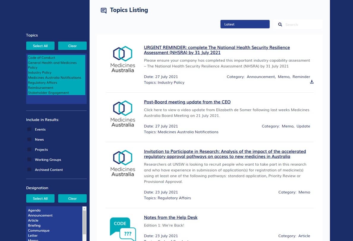Website topics listing page showing announcements and updates with filters and search options.