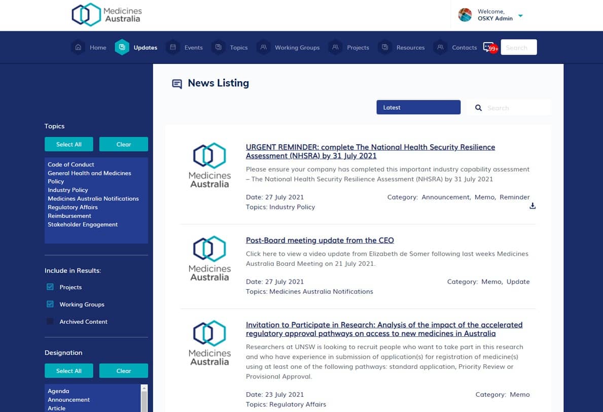 Screenshot of Medicines Australia website showing news listings with updates and research invitations.