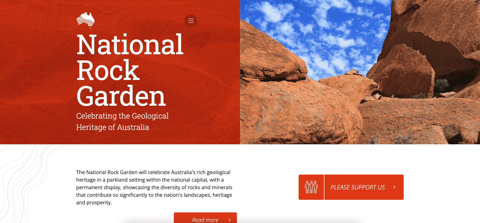 Website homepage for National Rock Garden with red rocks and blue sky in the background.