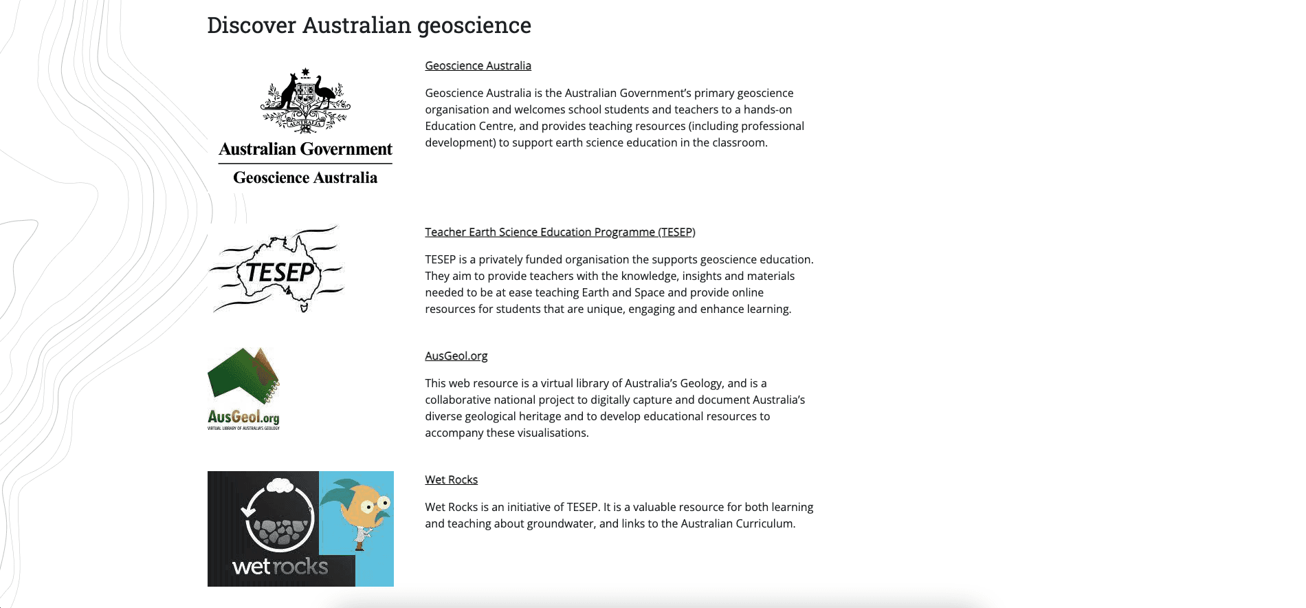 Alt text: Australian geoscience resources logos with brief descriptions for education and learning.