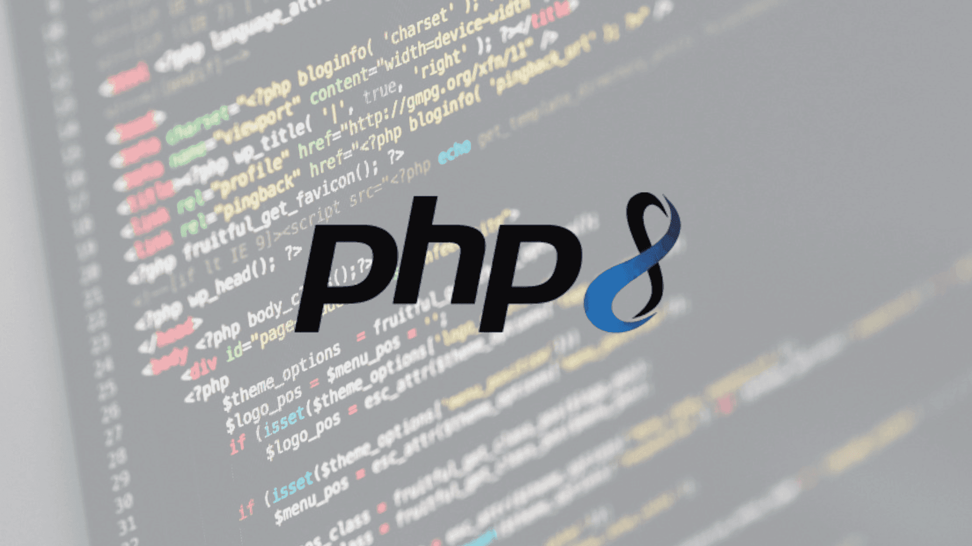 PHP 8 logo over blurred screen displaying PHP code with color-coded syntax in a programming environment.