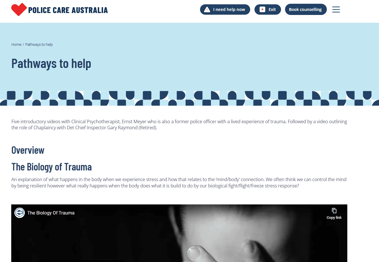 Website page titled "Pathways to help" from Police Care Australia, featuring trauma support info.
