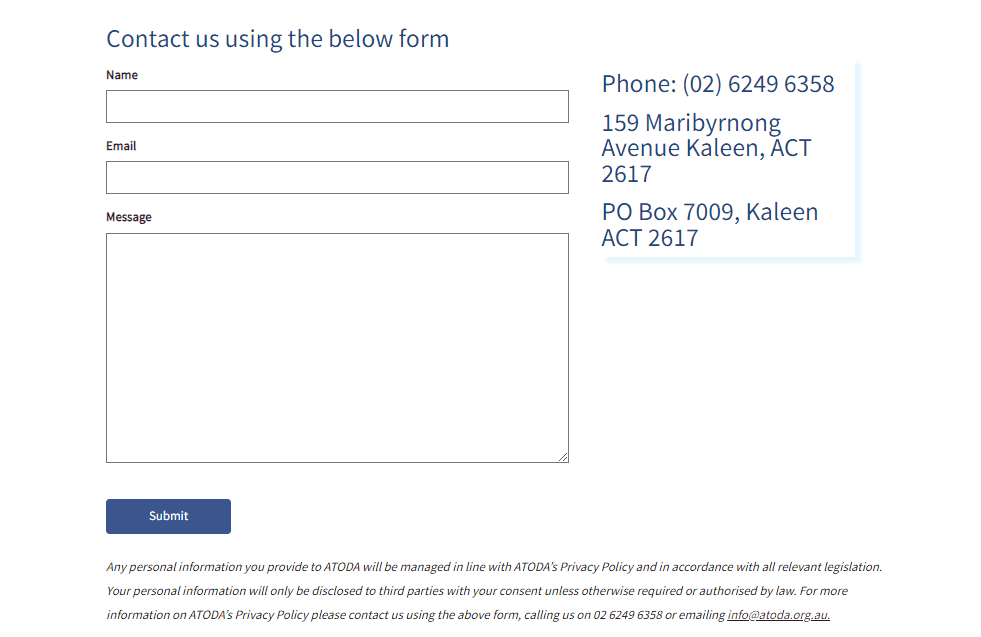 Contact form with fields for name, email, message; phone and mailing address on the side.