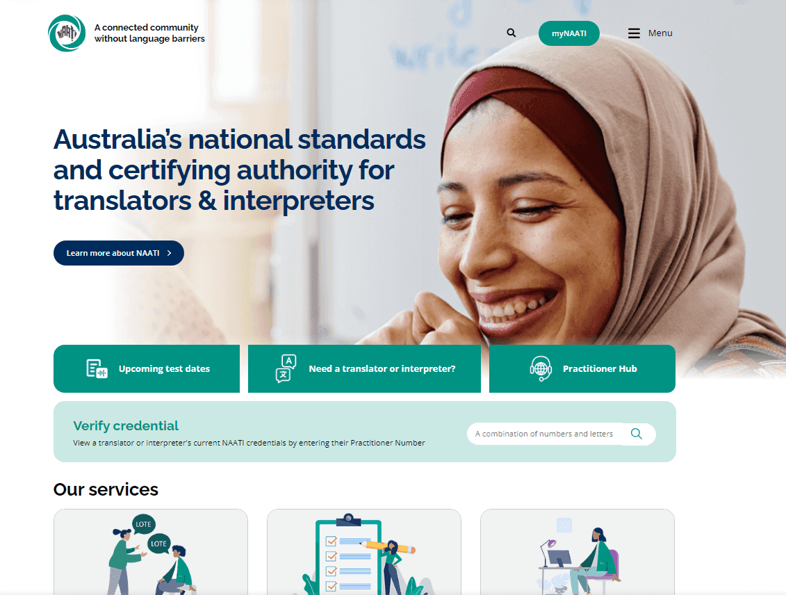 Smiling woman wearing a hijab on the NAATI website homepage about translation and interpreting services.